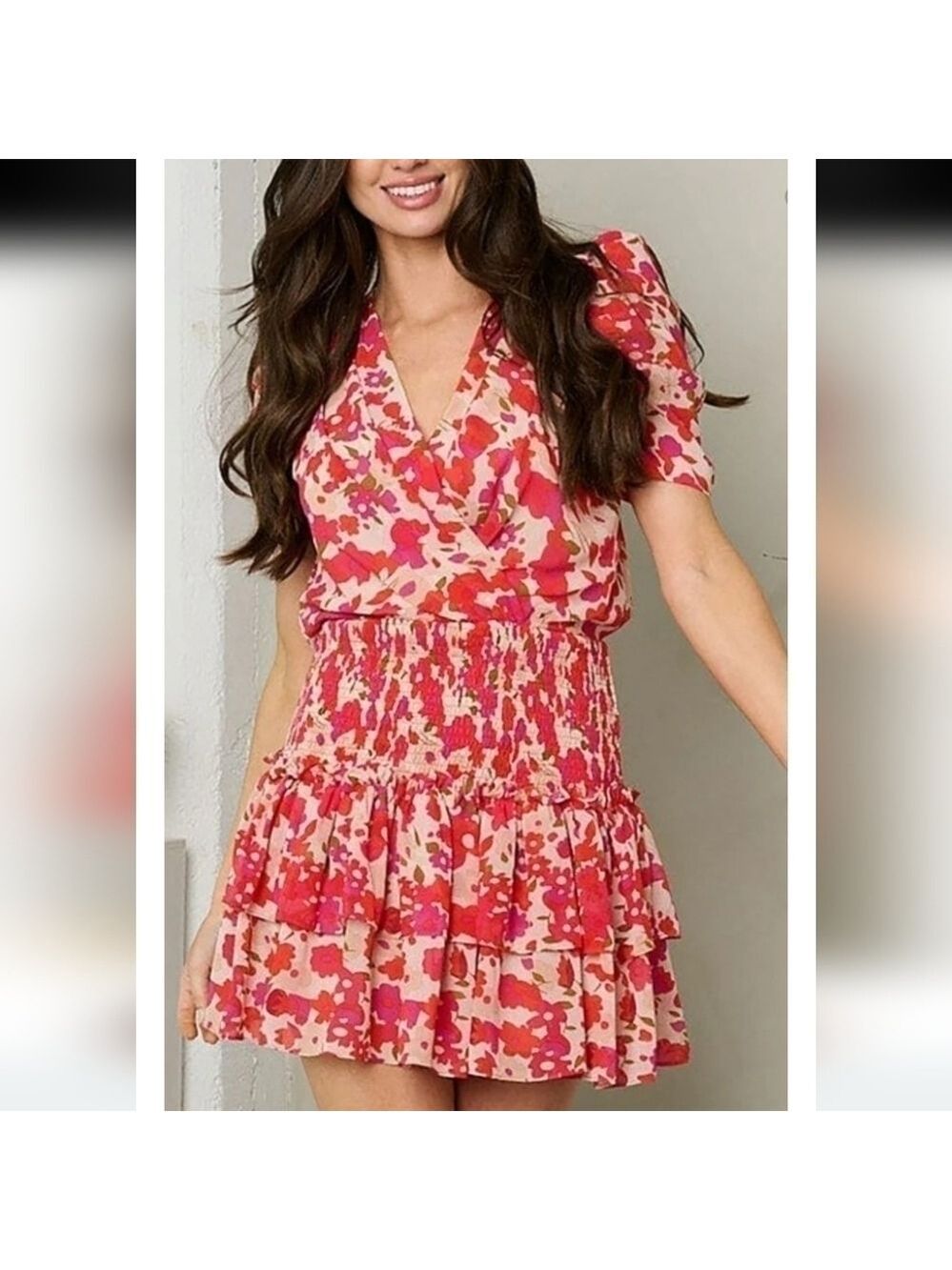 TCEC Orange Red Fuchsia Floral Drop Waist Ruffle Dress Large